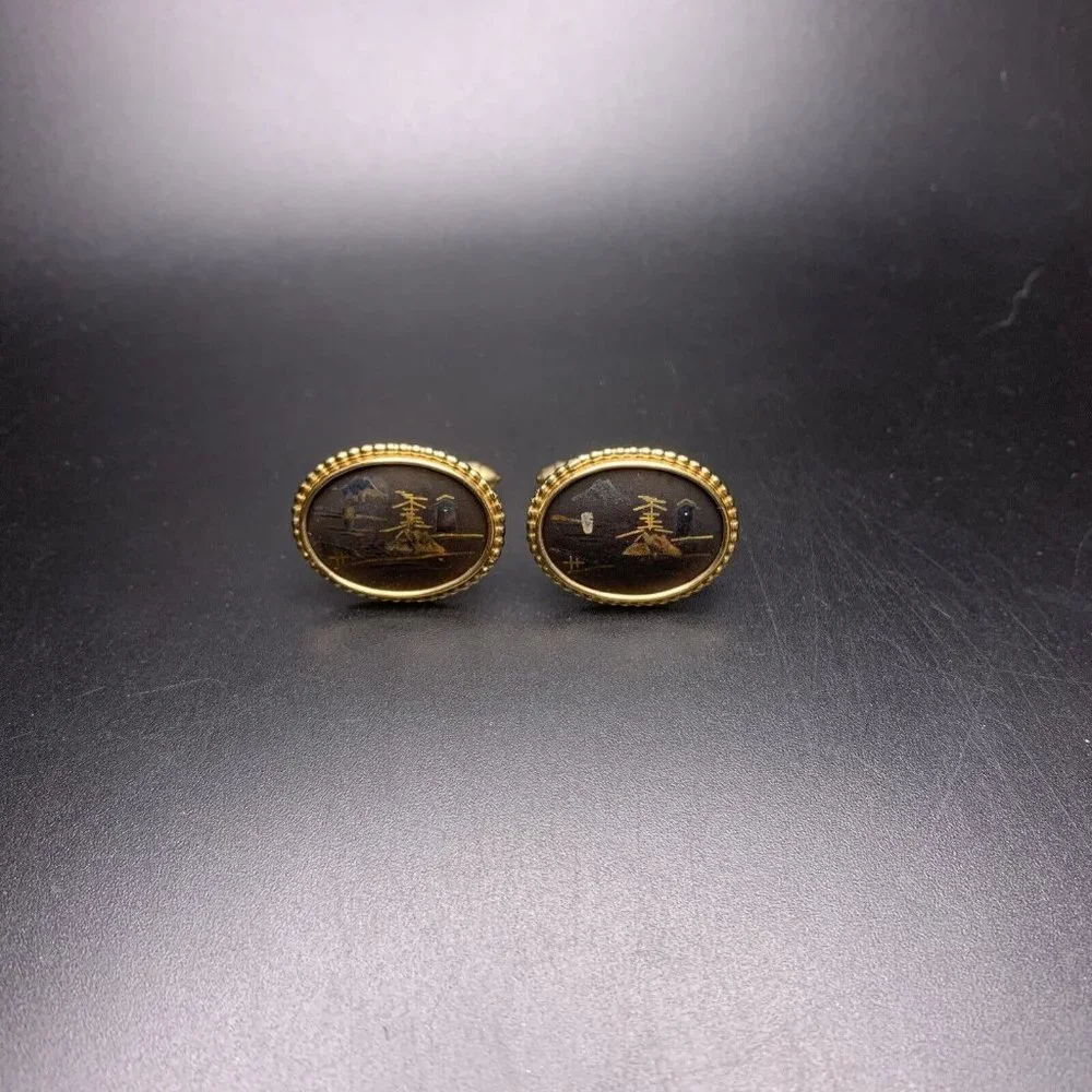 Krementz Cufflinks Gold Tone Asian Style Mountain Scene Painted Oval